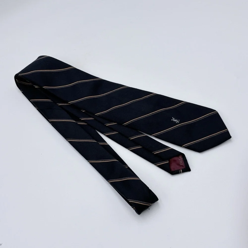Yves Saint Laurent Tie Mens Black Tan Stripe YSL Logo 3